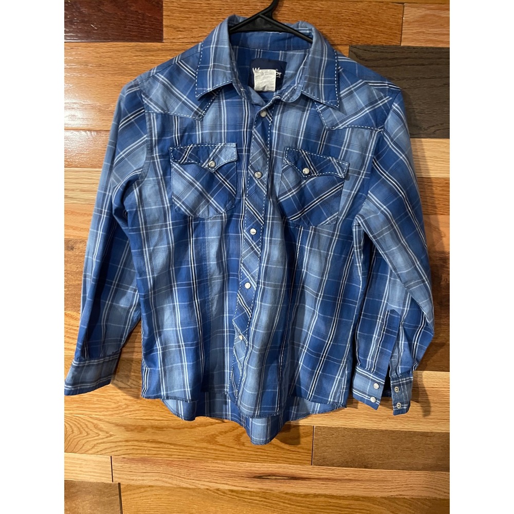 Wrangler Boys Size L 10-12 Blue Plaid Western Snap Shirt Long Sleeve Pearl Snap - Picture 2 of 6